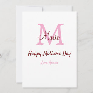 simple minimal mother's day monogram pink name tex holiday card