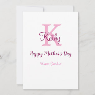 simple minimal mother's day monogram pink name tex holiday card
