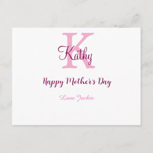 simple minimal mother's day monogram pink name tex holiday postcard