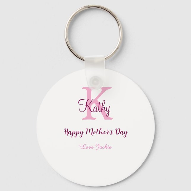 simple minimal mother's day monogram pink name tex key ring (Front)
