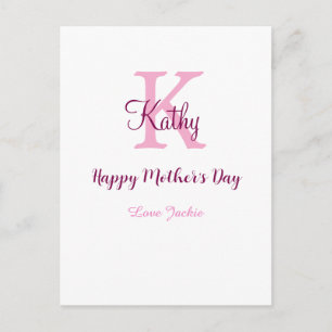 simple minimal mother's day monogram pink name tex postcard