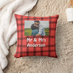 Simple minimal mr and mrs add your name photo red  cushion