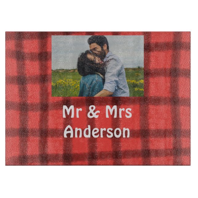 Simple minimal mr and mrs add your name photo red  cutting board (Front)