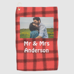 Simple minimal mr and mrs add your name photo red golf towel