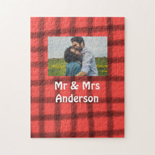 Simple minimal mr and mrs add your name photo red jigsaw puzzle