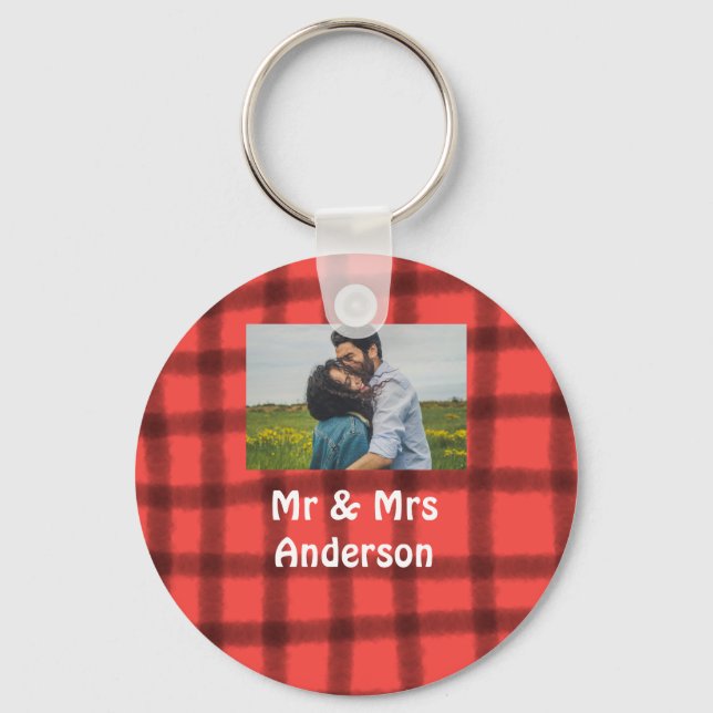 Simple minimal mr and mrs add your name photo red  key ring (Front)