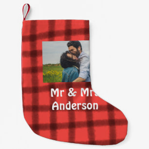 Simple minimal mr and mrs add your name photo red small christmas stocking