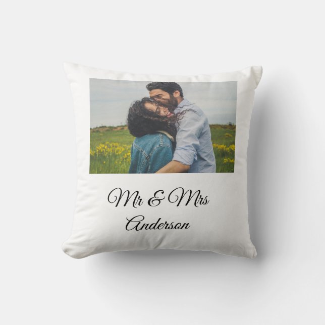 Simple minimal mr and mrs add your name photo wedd cushion (Front)