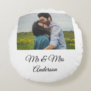 Simple minimal mr and mrs add your name photo wedd round cushion