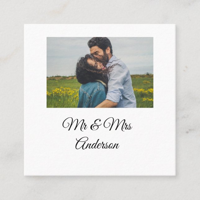 Simple minimal mr and mrs add your name photo wedd square business card (Front)