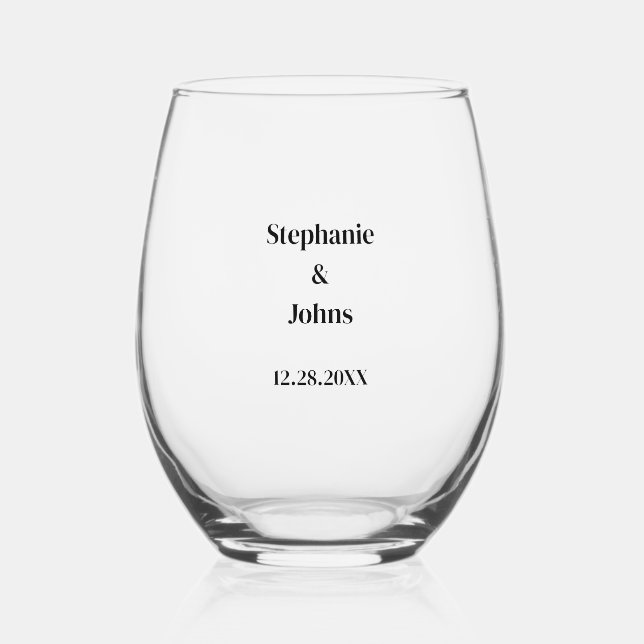 Simple Minimal Newlyweds Custom Name Wedding Favou Stemless Wine Glass (Front)