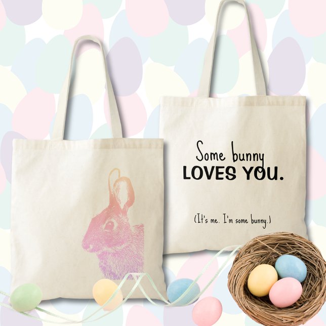 Simple Minimal Pastel Rainbow Easter Bunny  Tote Bag (Gradient pink purple bunny on a reusable cloth tote with customizable text is a great Easter gift.)