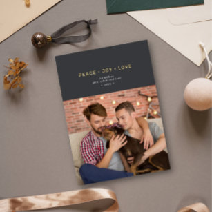 Simple Minimal Peace Joy Love Charcoal Gold Foil Holiday Card