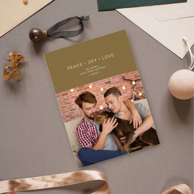 Simple Minimal Peace Joy Love Green Gold  Foil Holiday Card (Creator Uploaded)
