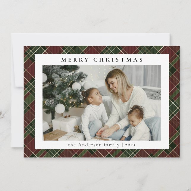 Simple Minimal Photo Red and Green Plaid Christmas Holiday Card (Front)