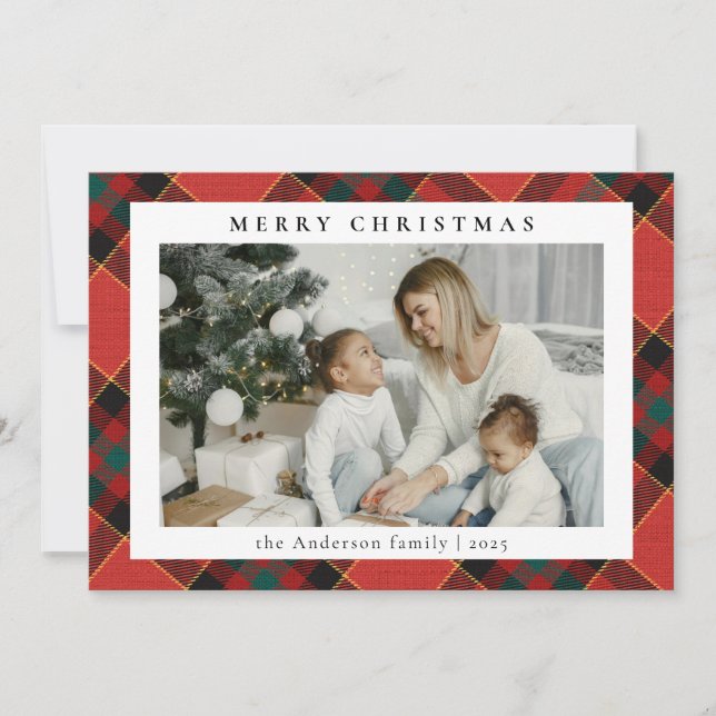 Simple Minimal Photo Red and Green Plaid Christmas Holiday Card (Front)