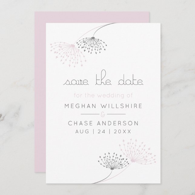 Simple Minimal Pink and Charcoal  Flowers Invitation (Front/Back)
