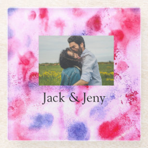 Simple minimal pink blue watercoloradd name photo glass coaster