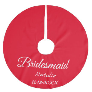 Simple minimal pink bridesmaid add name year text brushed polyester tree skirt