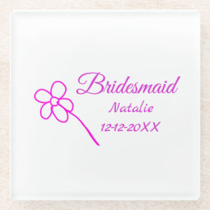 Simple minimal pink bridesmaid add name year text  glass coaster