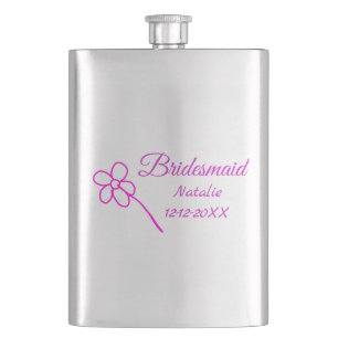 Simple minimal pink bridesmaid add name year text  hip flask