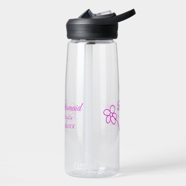 Simple minimal pink bridesmaid add name year text  water bottle (Left)