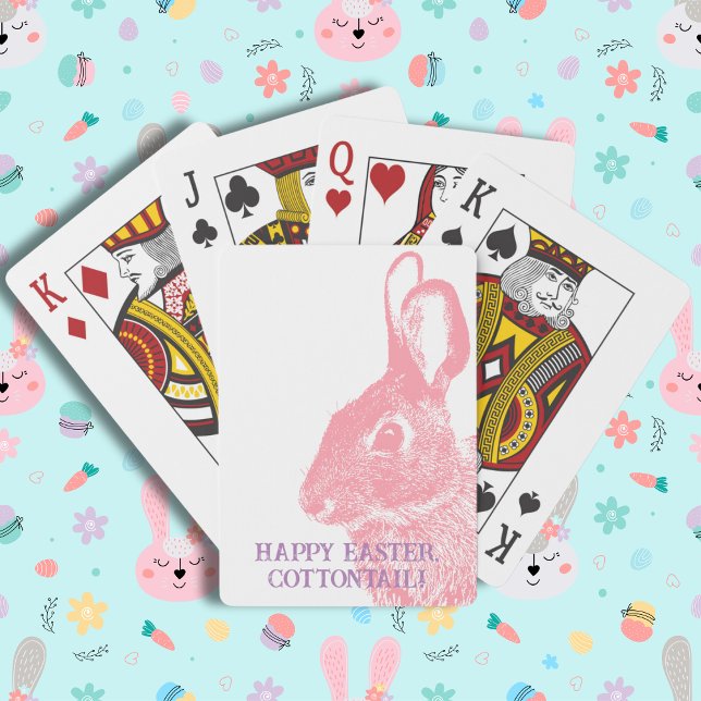Simple Minimal Pink Easter Bunny  Playing Cards (Cute Easter bunny playing cards with stamp like rabbit from a real photo. Customizable with name.)