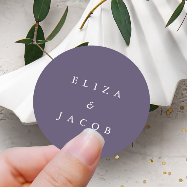 Simple Minimal Purple Personalised Wedding Classic Round Sticker (Creator Uploaded)