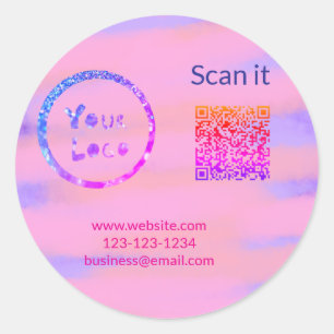 Simple minimal q r code add logo scan code name we classic round sticker