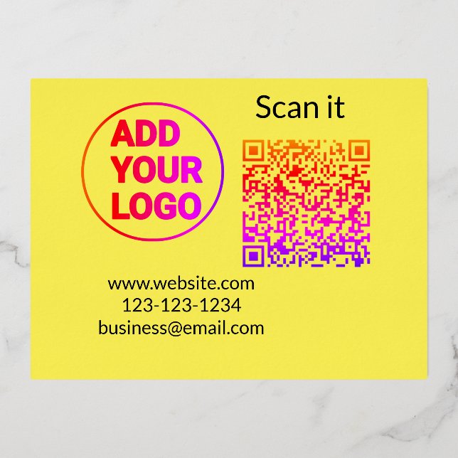 Simple minimal q r code add logo scan code name we foil holiday postcard (Front)