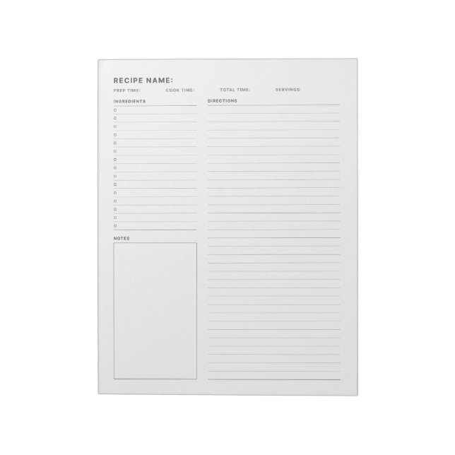 Simple Minimal Recipe Planner Card Book Notepad (Rotated)