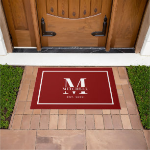Simple Minimal Red Monogrammed Custom Family Name Doormat