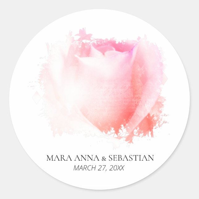 "Simple Minimal Rose Floral Wedding Couples Classic Round Sticker (Front)