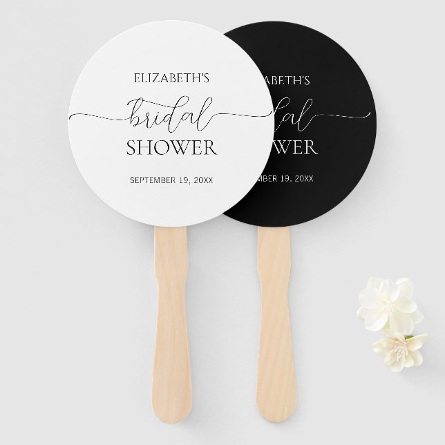 Simple Minimal Script Black & White Bridal Shower Hand Fan (Front and Back)