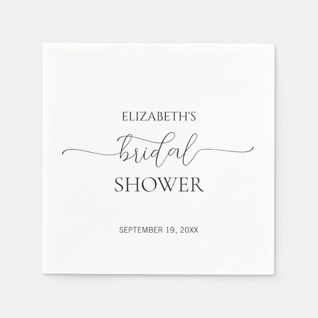 Simple Minimal Script Black & White Bridal Shower Napkin (Front)