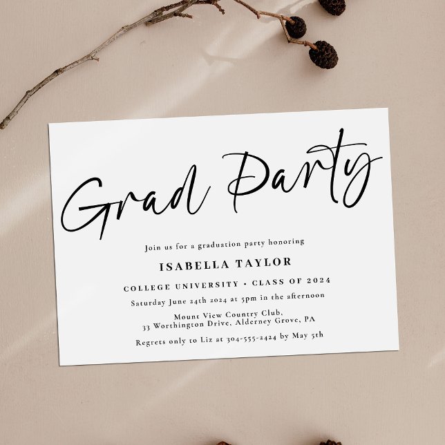 Simple Minimal Script Black White Graduation Party Invitation (Creator Uploaded)
