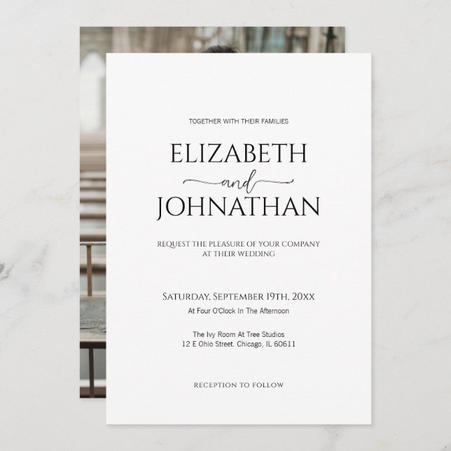 Simple Minimal Script Black & White Photo Wedding Invitation (Front/Back)