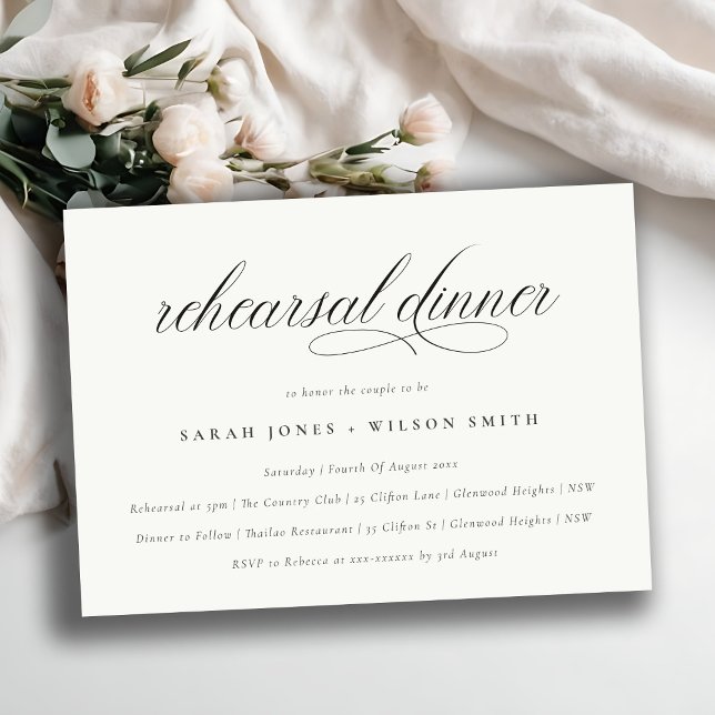 Simple Minimal Script Black White Rehearsal Dinner Invitation (Creator Uploaded)