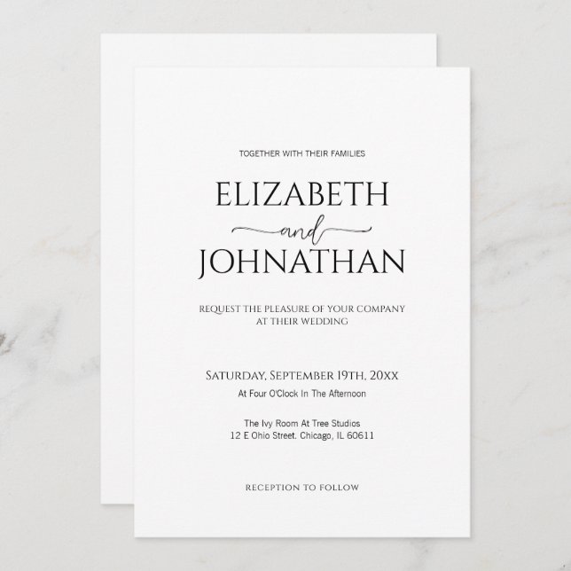 Simple Minimal Script Black & White Wedding Invitation (Front/Back)