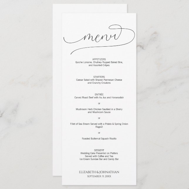 Simple Minimal Script Black & White Wedding Menu (Front/Back)