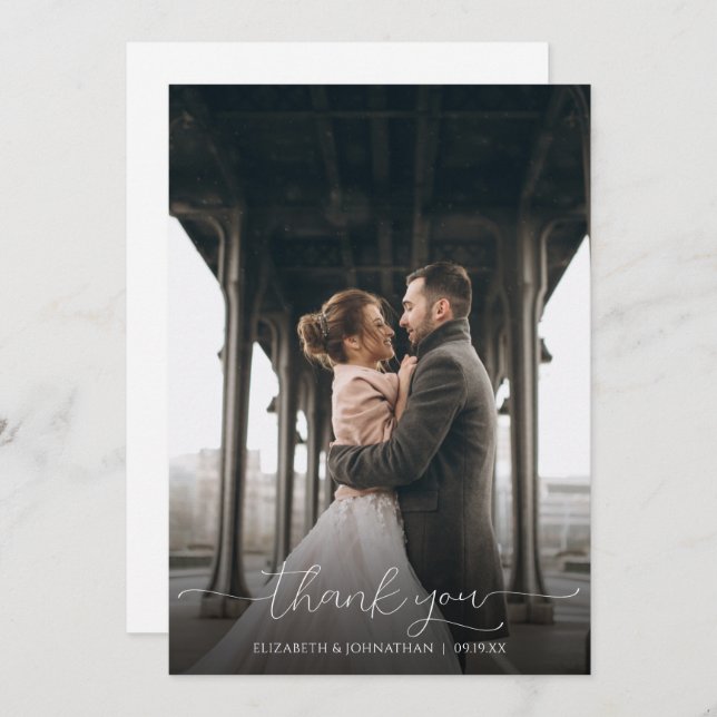 Simple Minimal Script Black & White Wedding Photo Thank You Card (Front/Back)