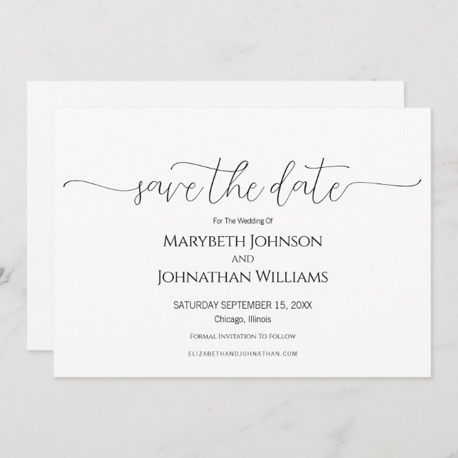Simple Minimal Script Black & White Wedding Save The Date (Front/Back)