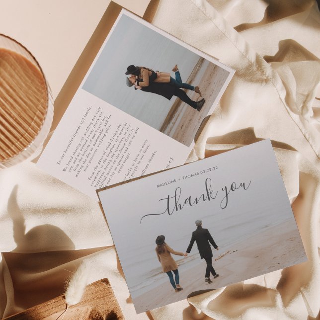 Simple Minimal Script with 2 photo collage wedding Thank You Card (Creator Uploaded)