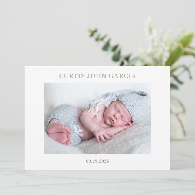 Simple Minimal Taupe Photo Baby Announcement Card (Standing Front)