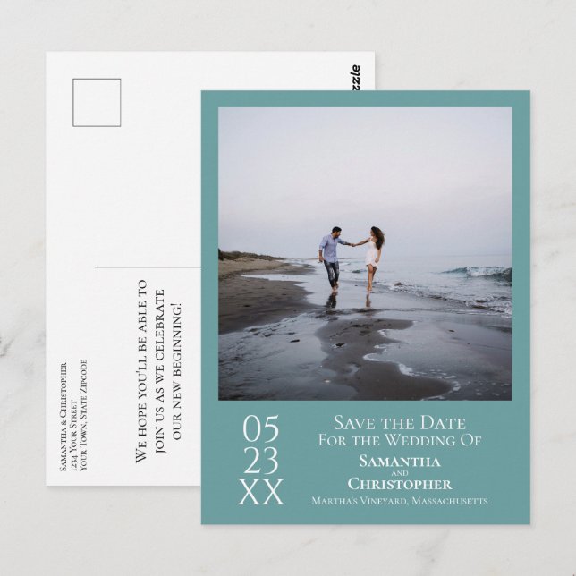 Simple Minimal Teal Wedding Save the Date Photo Postcard (Front/Back)