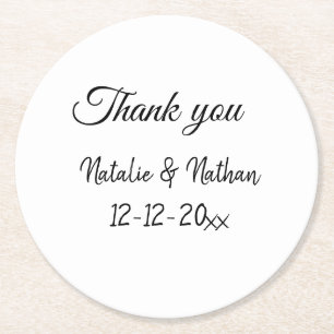Simple minimal thank you couple name text date cus round paper coaster