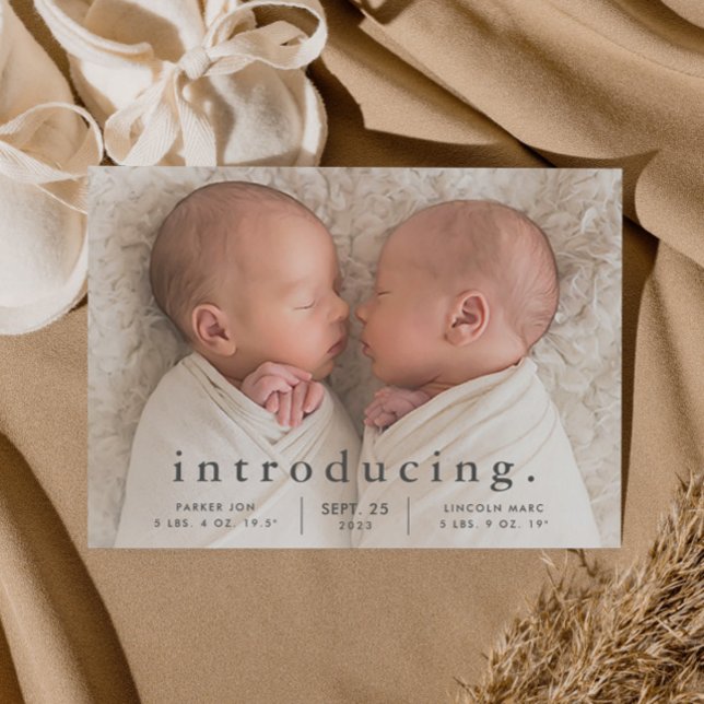 Simple Minimal Twin Photo Birth Announcement (Simple typography twins baby birth magnetic announcement.)