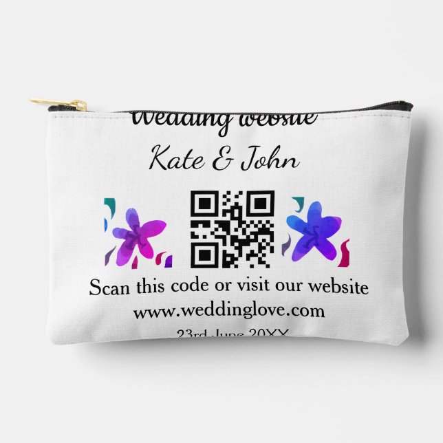 Simple minimal wedding website Q R code add name y Accessory Pouch (Front)