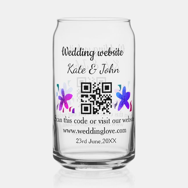 Simple minimal wedding website Q R code add name y Can Glass (Front)