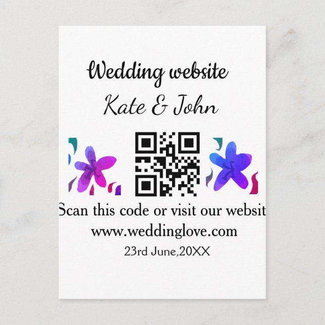 Simple minimal wedding website Q R code add name y Postcard (Front)